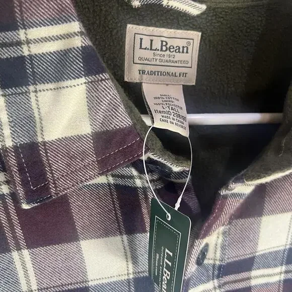 LL Bean Fleece Lined Flannel Shirt Shacket Men’s Size Large Tall Plum Plaid